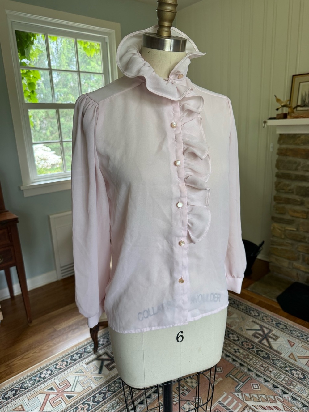 Vintage Ruffled Button-Up Blouse in Light Blush Pink